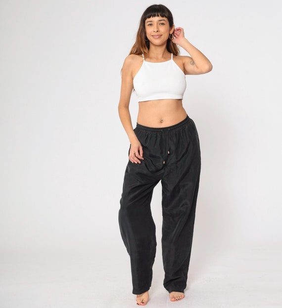 Black Silk Pants Y2K Baggy Trousers High Waisted Rise Elastic Waist Joggers Tapered Leg Basic Track Pants Vintage 00s Large