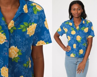 Blue Floral Blouse 80s Button Up Shirt Yellow Short Sleeve Top Boho 1980s Vintage Bohemian Medium