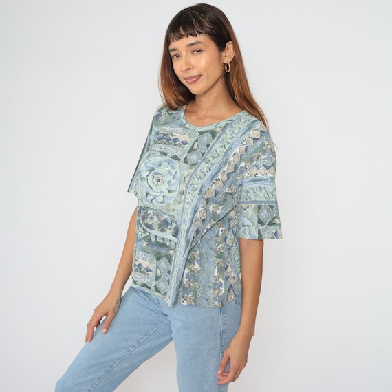 Abstract T-Shirt 90s Top Geometric Triangle Diamond Swirl Floral Medallion Print Short Sleeve Blouse Boho Grunge Shirt Vintage 1990s Medium