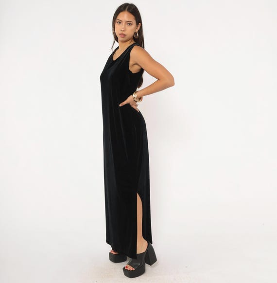 90s Black Velvet Maxi Dress Sleeveless V Neck Side Slit Column Gown Floor Length Cocktail Evening Tank Pullover Jet Vintage Womens Large L