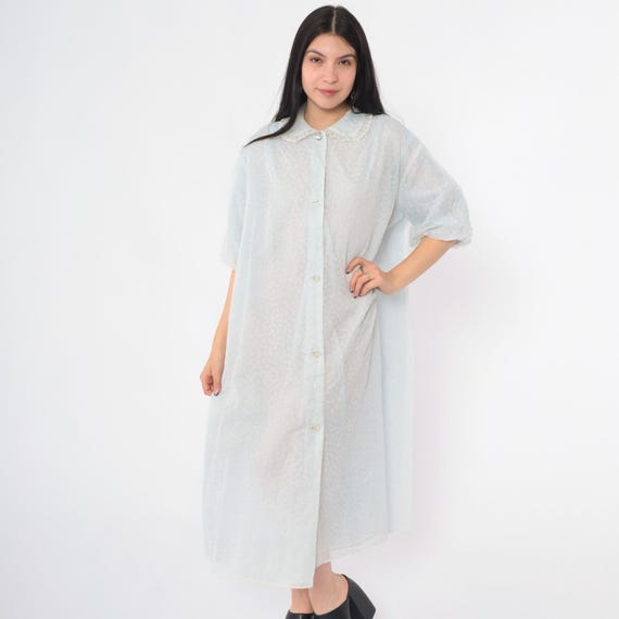 Vintage Light Blue Chiffon Robe 60s Sheer Flocked Floral Peter Pan Collar Nightgown Cover Up 1960s Loungewear Peignoir Midi Extra Large xl