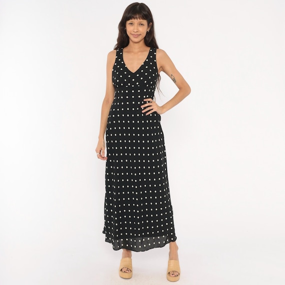 90s Polka Dot Maxi Dress Black White Sleeveless V Neck Empire Waist A Line Chiffon Spotted Summer Spring Cocktail Evening Vintage Medium M