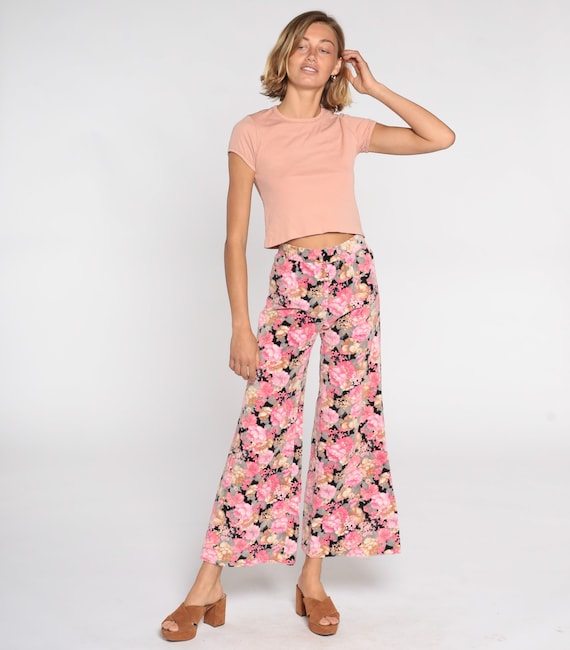 Floral Bell Bottom Pants Pink Black Velvet Pants Bohemian 70s Hippie Trousers Flared Pants High Waisted Boho Festival Extra Small xs