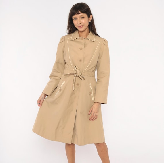 80s Puff Sleeve Trench Coat Tan Button Front Jacket Piping Detail Tie Waist Sand Beige Khaki Camel Spring Lightweight Vintage Medium M