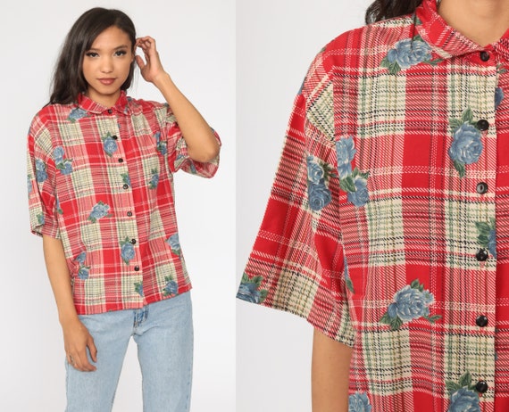VINTAGE Pink Checked Plaid Flannel Shirt 1980s 1990s Casual Plaid Shirt ML