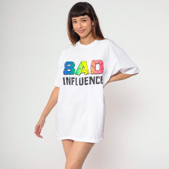 Bad Influence Tee 90s Graphic White Cotton T Shirt Crew Neck Vintage Streetwear Novelty Colorful Letters Plus Size Extra Extra Large XXL