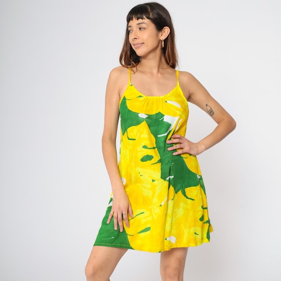 Tropical Mini Sundress Y2K Leaf Print Dress Yellow Green Shift Sleeveless Aloha Summer Tank Spaghetti Strap Vintage 00s Small 5
