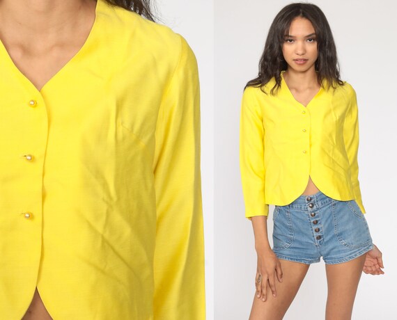 Yellow Blazer 60s Mod Jacket Cropped Button Up Crop Short 60s Preppy Bright Vintage 70s Vibrant Women Coat Small S