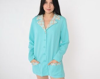 Chaqueta azul aguamarina de los años 70, estilo vintage a cuadros, con cuello abotonado, estilo disco retro de los años setenta, cuello en V sencillo, estilo preppy, años 70, Bleeker Street, talla mediana