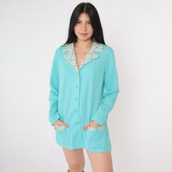70s Aqua Blue Mod Jacket Vintage Checkered Collar Button up Blazer Disco Retro Seventies Simple V Neck Preppy 1970s Bleeker Street Medium