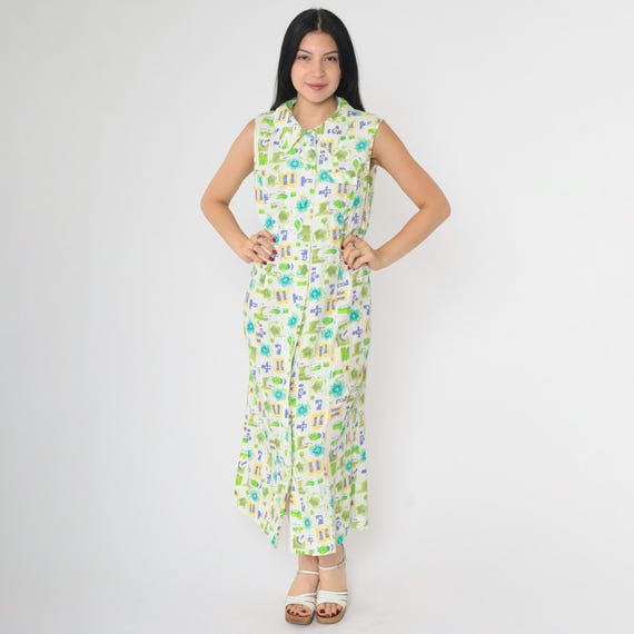 Vintage 90s Floral Dress White Summer Grunge Rayon Ankle Length Midi Sundress Button Up Boho 1990s Collared Sheath Sleeveless Medium M
