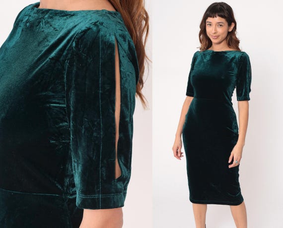 velvet shirred-waist knee-length dress Emerald 90s Green Teal Midi Bodycon Fitted Boat Neck Stretch Wiggle Party Cocktail Evening Gown Holiday Vintage Medium M oversized cardigan
