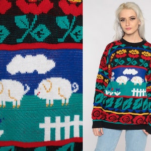 Vintage Pig Sweater 80s Sweater Rose Farm Animal Sweater Novelty Print Slouchy Kitsch Pullover Jumper 1980s Knit Kawaii Fairy Kei Large L