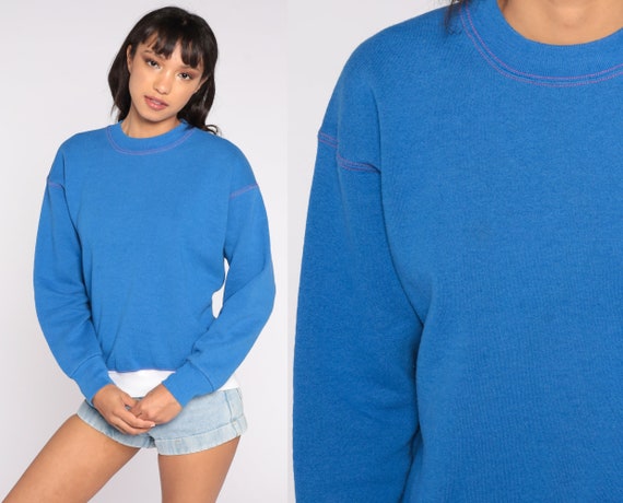 Blue Crewneck Sweatshirt Y2K Sweatshirt Plain Long Sleeve Shirt Slouchy Vintage 00s White Trim Fruit of the loom Medium