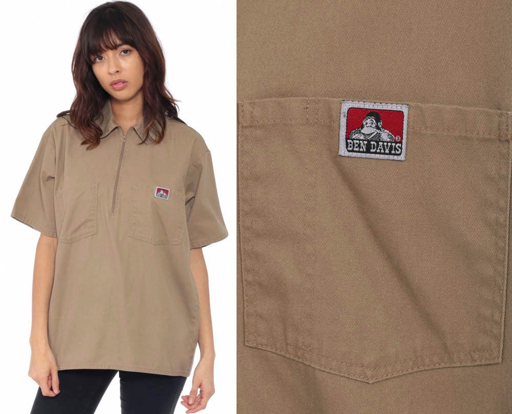 BEN DAVIS Shirt -- Tan Brown 90s Zip Up 