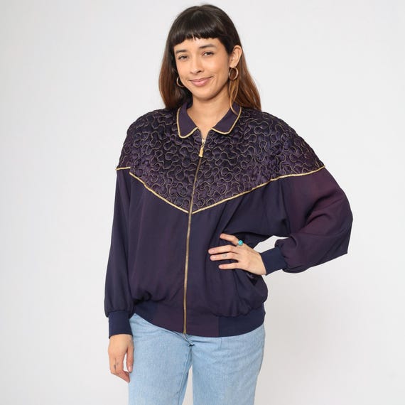 Vintage 90s Purple Windbreaker Quilted Gold Braided Trim Zip Up Bomber Jacket Retro Track Jacket Light 1990s Western Yoke Large L