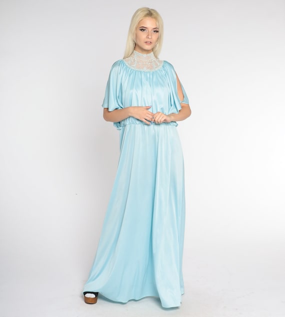 Grecian Maxi Dress 70s Blue Party Dress Floral Embroidered Lace High Neck Chic High Waist Cocktail Drape Gown Formal Vintage 1970s Large L