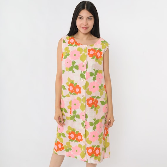 Vintage 60s Mod Floral Dress Pink Flower Power Sleeveless 70s Midi Smock Shift Button Up 1960s Twiggy Hippie Boho Medium Large M L