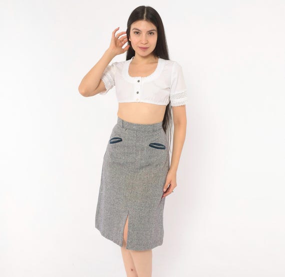 70s Tweed Skirt Navy Grey Speckled Welt Pocket High Waist Herringbone Wool Look Academic Collegiate Preppy Vintage Charcoal Extra Small XS