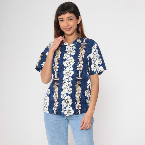 Blue Hawaiian Shirt 90s Tropical Floral Shirt Blue Button Up Top Hibiscus Tiki Print Aloha Summer Short Sleeve 1990s Vintage Men's Small