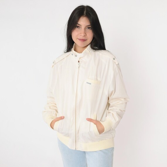 Vintage Cafe Racer Jacket 80s Ivory Bomber Windbreaker Jacket Yellow Zip Up Moto Epaulette Coat Sporty Streetwear Retro 1980s Large L