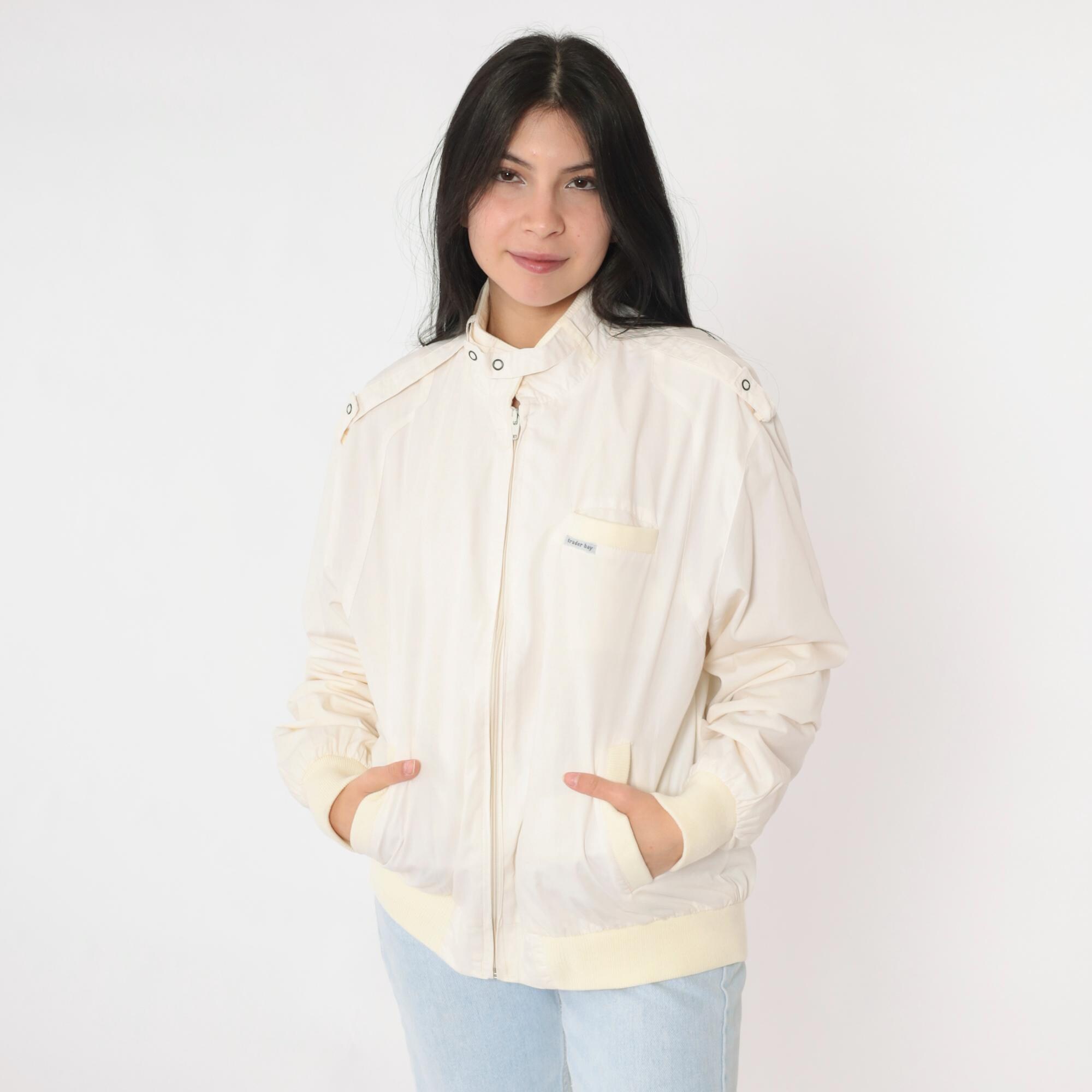 Vintage Cafe Racer Jacket 80s Ivory Bomber Windbreaker Vintage Cafe Racer Jacket 80s Ivory Bomber Windbreaker