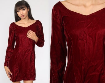 Red Party Dress 60s Velvet Mini Dress Cocktail 1960s Sheath Long sleeve Evening Formal Dress Minidress Small S