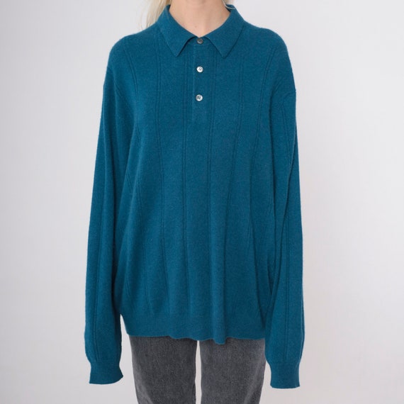 Blue Cashmere Sweater 90s Ribbed Knit Polo Sweate… - image 7