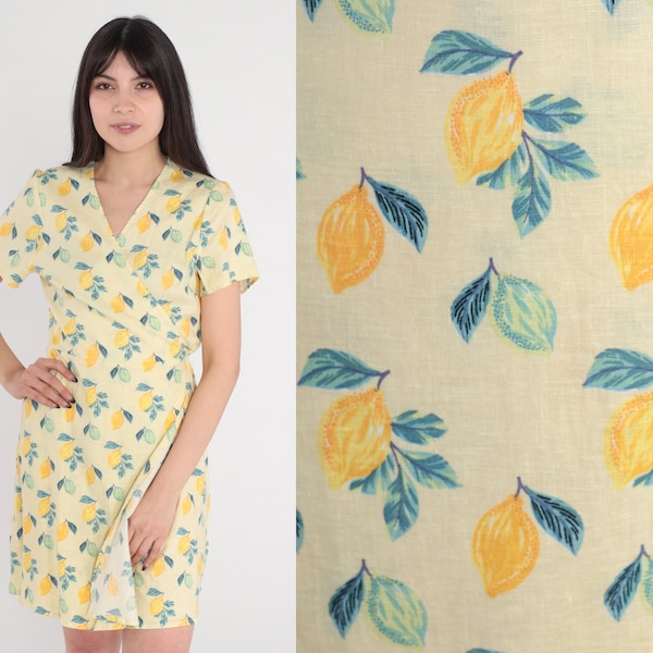 Lemon Print Dress 90s Yellow Mini Dress Fruit Pattern Wrap Dress Short Sleeve V Neck Minidress Summer Day Girly Vintage 1990s Small Medium