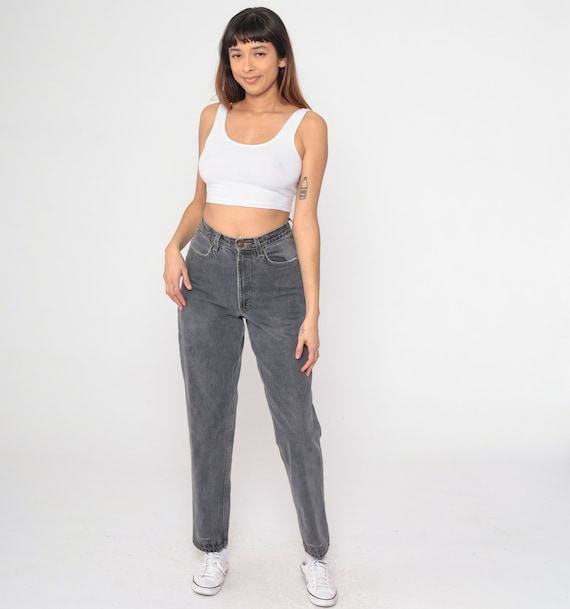90s Grey Mom Jeans High Waisted Tapered Leg Denim Pants 1990s Vintage High Rise Slim Fit Cotton Small 28