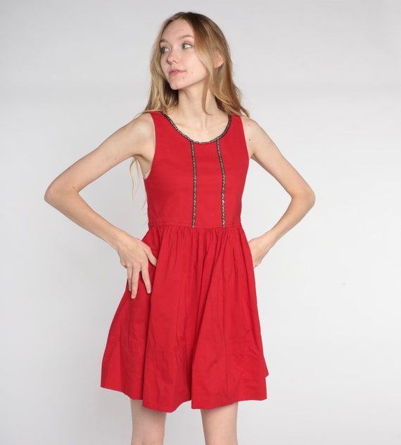 Red Mini Dress 60s Dirndl Style Dress High Waisted Full Skirt Oktoberfest Retro Boho Folk Peasant Sleeveless Vintage 1960s Extra Small xs