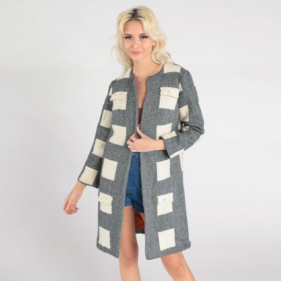 Herringbone Wool Coat 60s Mod Jacket Winter Coat Open Front Jackie O Jacket 1970s Checkered Jacket Black White Op Art 1960s Extra Small xs