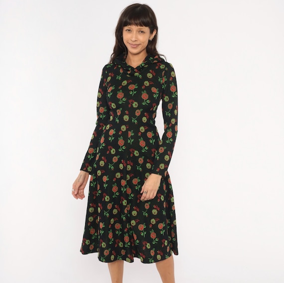 70s Hooded Floral Dress Black Red Rose Long Sleeve Fit Flare Dark Cottagecore Prairie Flower Power Hippie Bohemian Vintage Extra Small XS