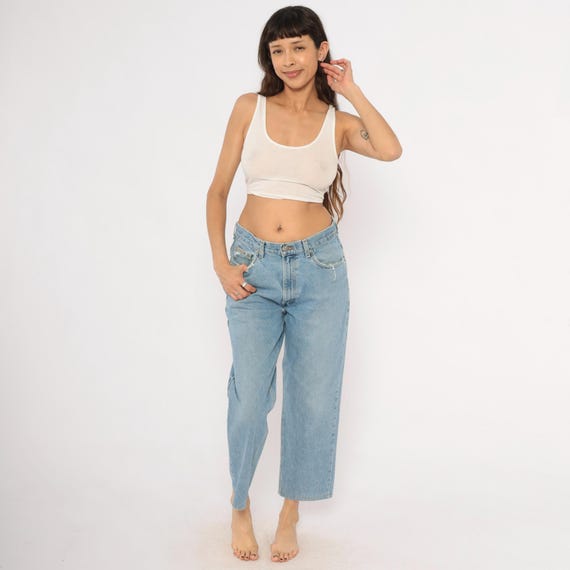 Calvin Klein Light Wash Jeans 90s CK Straight Leg Denim Cropped Ankle Length Distressed Pocket Blue Faded Mom Style Cotton Vintage Medium M