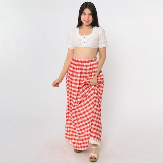 Vintage Red Gingham Skirt 70s Prairie Maxi White Checkered Retro Lace Trim High Waisted Bohemian Hippie Cottagecore Summer 1970s Medium