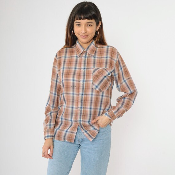 Vintage 80s Plaid Shirt Thin Tan Blue Checkered 1980s Distressed Worn Button Up Top Chest Pocket 1980s Long Sleeve Men's Medium 15 - 15 1/2