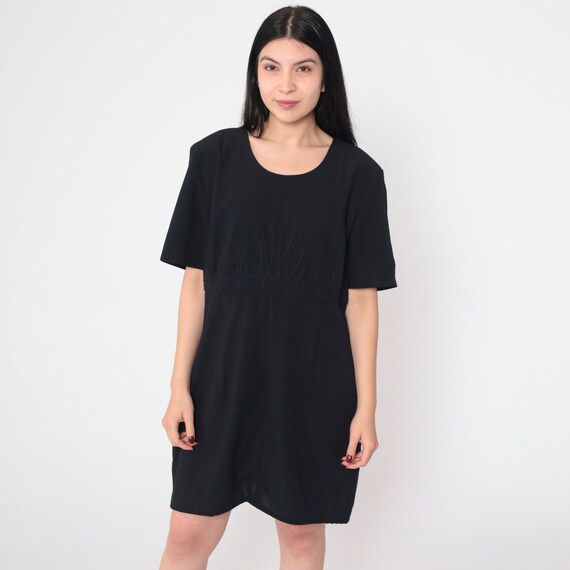 Black Mini Dress 90s Shift Dress Plain Short Sleeve Soutache Trim Chic Classic LBD High Waisted Little Black Vintage 1990s Kathie Lee Large