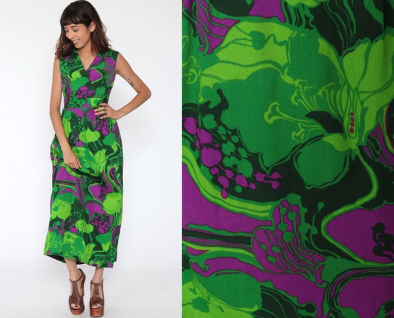 Vintage Floral Tiki Print Hippie Summer Sundress 70s Lanz Originals Boho Halter Maxi Dress Extra Small