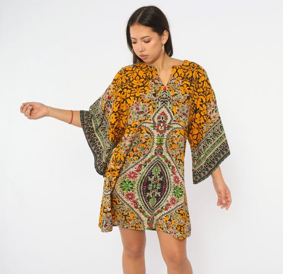 70s Batik Caftan Dress Orient Silks Angel Sleeve Paisley Floral Navy Black Orange Gold Green Tunic Kaftan Hippie Bohemian Dashiki Medium M