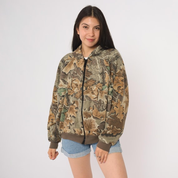 90s Camouflage Hoodie Jacket Military Style Hunting Camo Leaf Print Zip Up Outdoor Tactical Combat Woodland Field Gear Extra Large XL 16