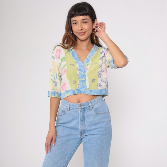 Y2K Floral Print Crop Top V Neck Button Front Short Sleeve Colorful Pink Green Purple Vintage Nostalgic Summer 90s 2000s Medium M 8