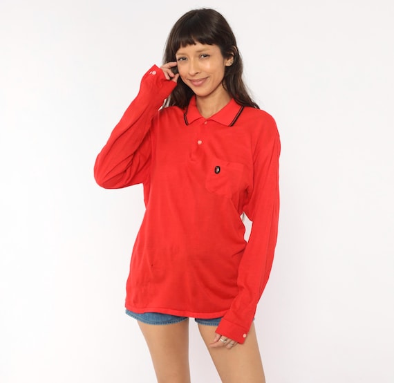 70s Red Polo Long Sleeve Button Front Collar Tipped Black Stripe Chest Pocket Knit Shirt Sporty Preppy Collegiate Tennis Vintage Top Large L