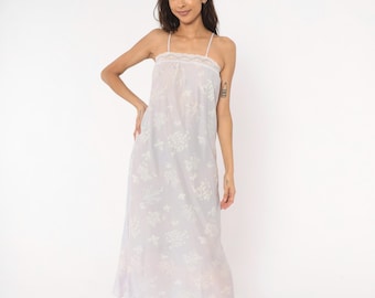 Camisón floral lavanda de los 80, vestido lencero de mariposa, ribete de encaje, tirantes finos, camisola de gasa lila, vestido de hada, vestido bígaro vintage, talla S