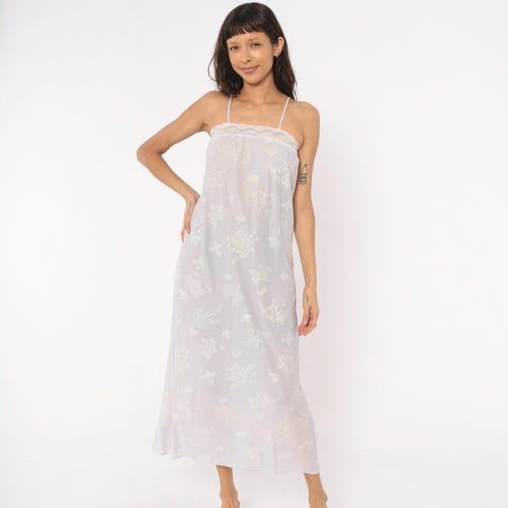 80s Lavender Floral Nightgown Butterfly Slip Dress Lace Trim Spaghetti Strap Lilac Chiffon Fairy Camisole Periwinkle Gown Vintage Small S