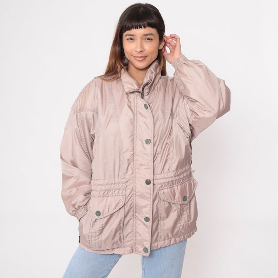 Soft Mauve Puffer Jacket 90s Ski Jacket Embroidered 1990s Puffy Coat Drawstring Waist Pastel Blush Zip Up Plain Winter Coat Nylon Large L