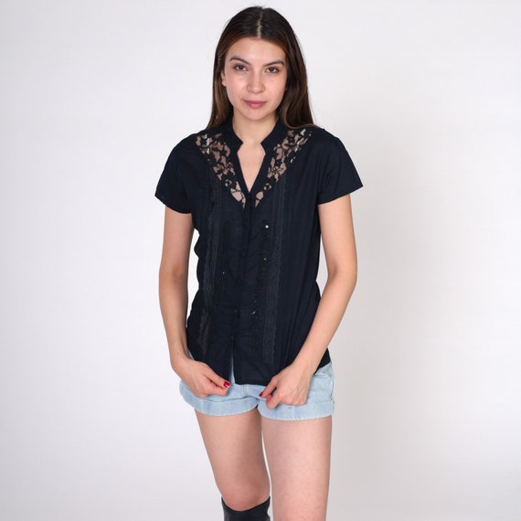 Black Lace Blouse Y2K Beaded Sequin Top Button Up Shirt Party Going Out Illusion Neckline Short Sleeve Sequined Vintage 00s Small S