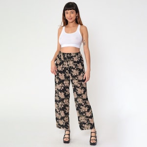 Vintage 90s Sheer Floral Pants Black Straight Leg Chiffon High Elastic Waist Boho Hippie Trousers 1990s Summer Small Medium S M
