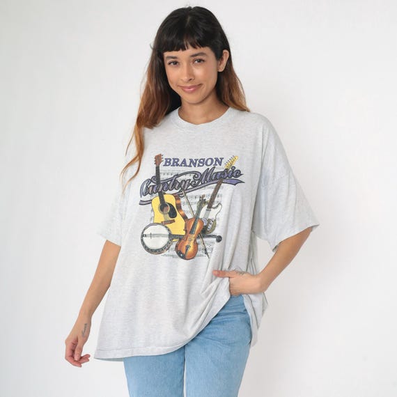 Vintage Branson Missouri T-Shirt 90s Country Music Instrument Shirt Glittery Guitar Banjo Violin Graphic Tee Grey 1990s xxxl