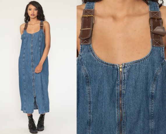 Vintage 90s Denim Patch Pocket Large Sleevelss Maxi Dress
