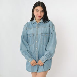 Vintage Denim Harley Davidson Shirt 90s Pearl Snap Western Jean Shirt Biker Motorcycle Blue 1990s Long Sleeve Button Up Men&#39;s Small